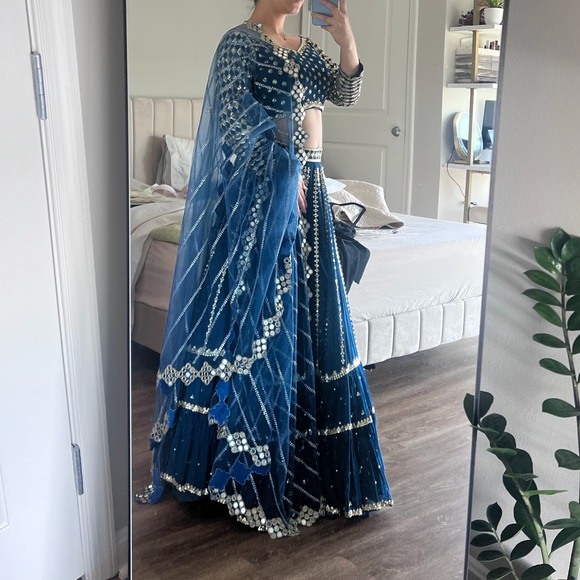 Navy and White Embellished Lehenga - Picture 2 of 5